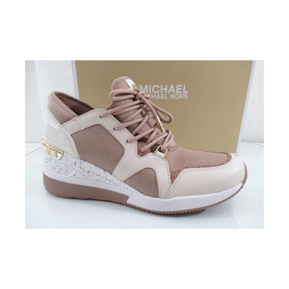 Michael Kors Liv Trainer Wedge Lace Up Sneaker MK Outline Jacquard Fawn Size 7.5